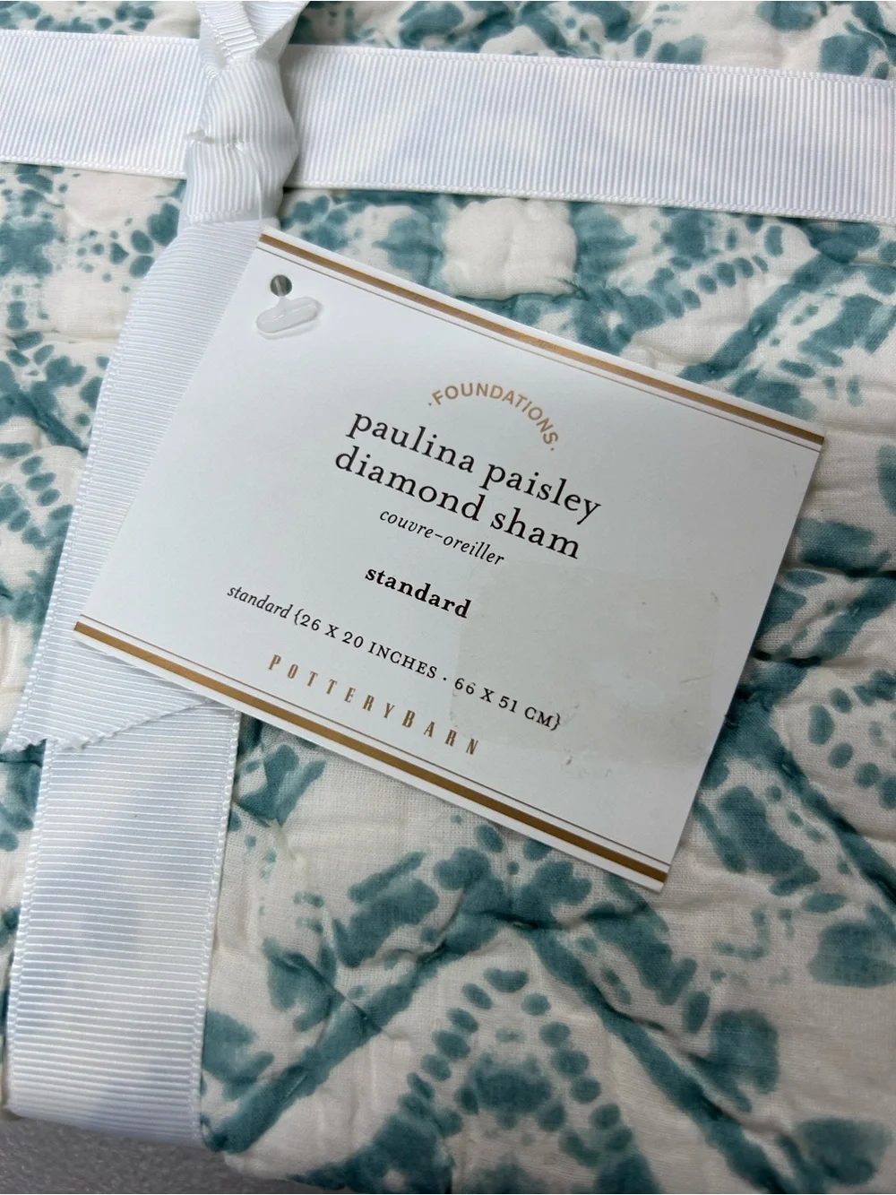 2 Pottery Barn Paulina Paisley Diamond Standard Pillow Sham Cover Teal White NWT